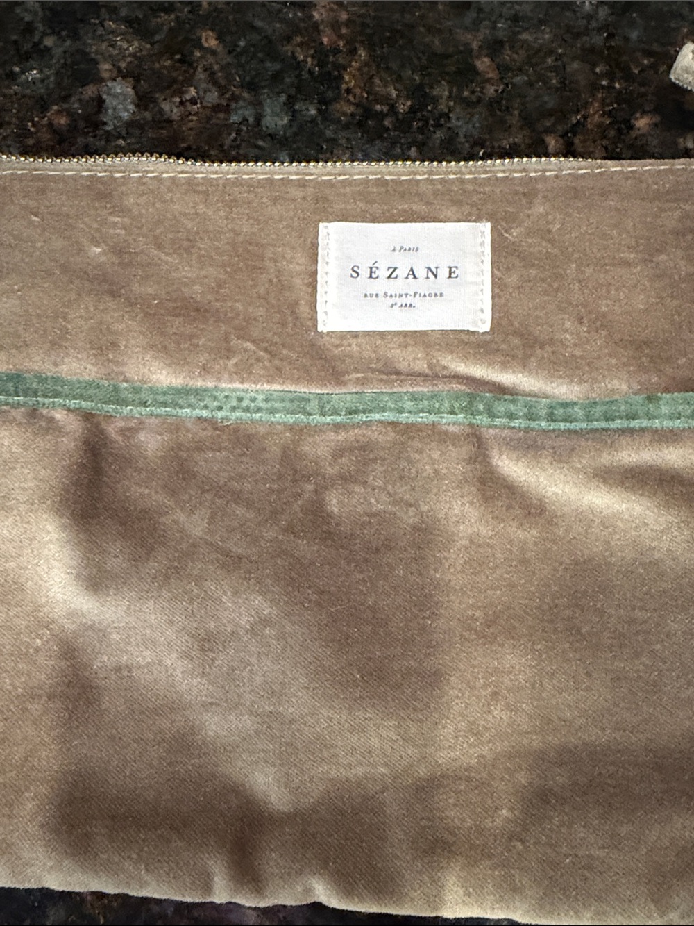 Sézane Olive Velvet Zip Pouch with Mint Trim - Picture 4 of 4